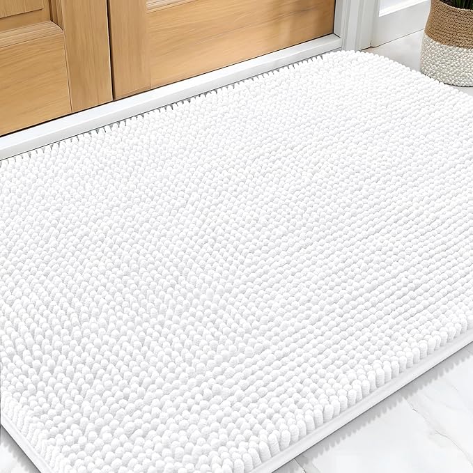 OLANLY Dog Door Mat for Muddy Paws 32x20, Absorbs Moisture and Dirt, Absorbent Non-Slip Washable Doormat, Quick Dry Chenille Mud Mat for Dogs, Entry Indoor Entryway Carpet for Inside Floor, White