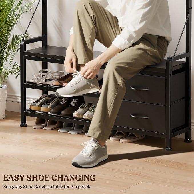 Lulive Hall Tree with Bench and Shoe Storage, 39.4” Entryway Bench with Coat Rack freestanding, 5 in 1 Entryway Furniture Organizer Large Coat and Shoe Rack with 21 Hooks and Drawers, Black