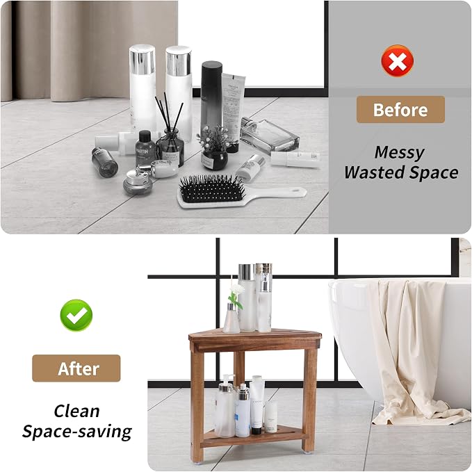 Boulphia Shower Foot Rest 14in, Acacia Wood Shower Stool for Shaving Legs, Waterproof Corner Shower Stool with Storage Shelf for Inside Small Shower Spaces, Wood Color