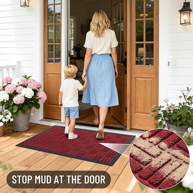 OLANLY Front Door Mat Outside Entrance 35x23, Absorbent, Heavy Duty Sturdy Natural Rubber Doormat Indoor Outdoor, Non-Slip, Stain and Fade Resistant, Low Profile Floor Mat for Entryway, Black Red