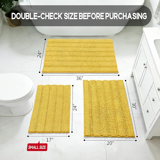 Bcoimo 24"×17" Chenille Bath Mat – Non-Slip with Backing Bath Rug Ultra-Absorbent and Machine Washable Bathroom Mat Quick-Dry Design. Ideal for Bathroom Shower and Tub Areas