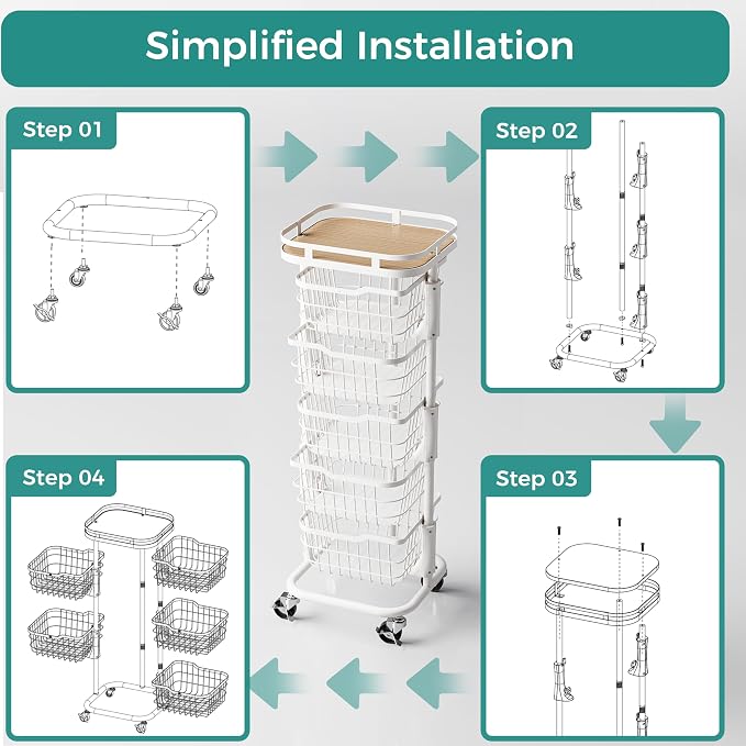 5 Tier Kitchen Fruit Vegetable Storage Cart with Rotating Basket, Rolling Rack Shelf Organizer Floor Stand on Wheel for Snack Spice Produce Veggie Onion Potato Bin, Vianderos Para Cocina, White