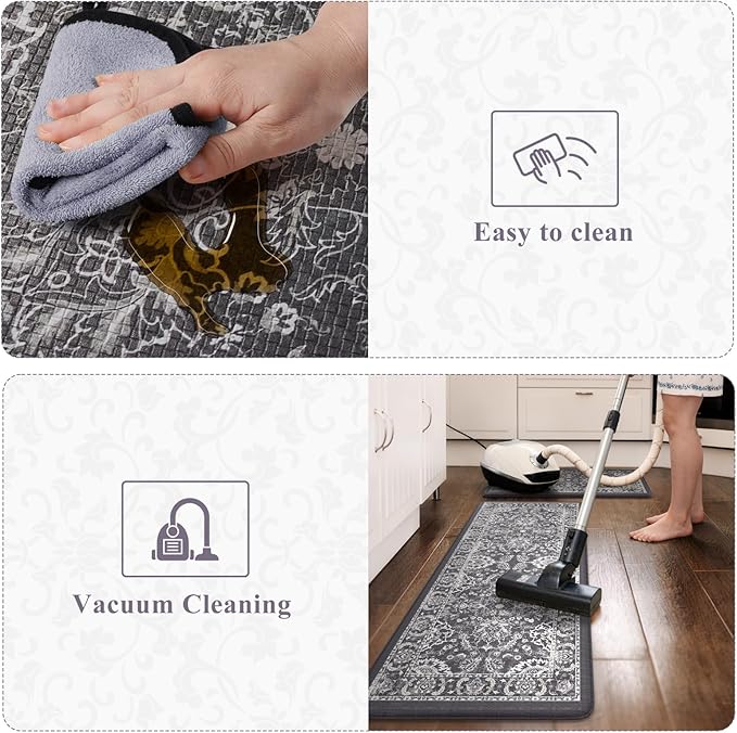 KIMODE Comfort Kitchen Mats for Floor Cushioned Anti Fatigue 2 Piece,Boho Floral Kitchen Rugs Non Slip,Waterproof Memory Foam Kitchen Mat Carpet for Laundry Office Home,Dark Grey 17"x29.5"+17" x47”