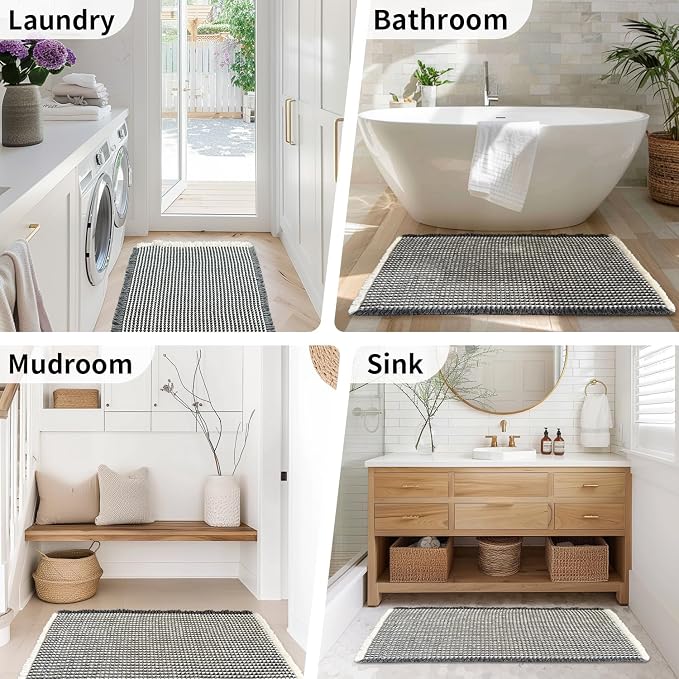 Waffle Bath Mat - Boho Bathroom Rugs Non Slip Washable, Super Absorbent & Quick Dry, Small Bath Mats Farmhouse Bathroom Decor, 18'' x 30'', Dark Grey and White