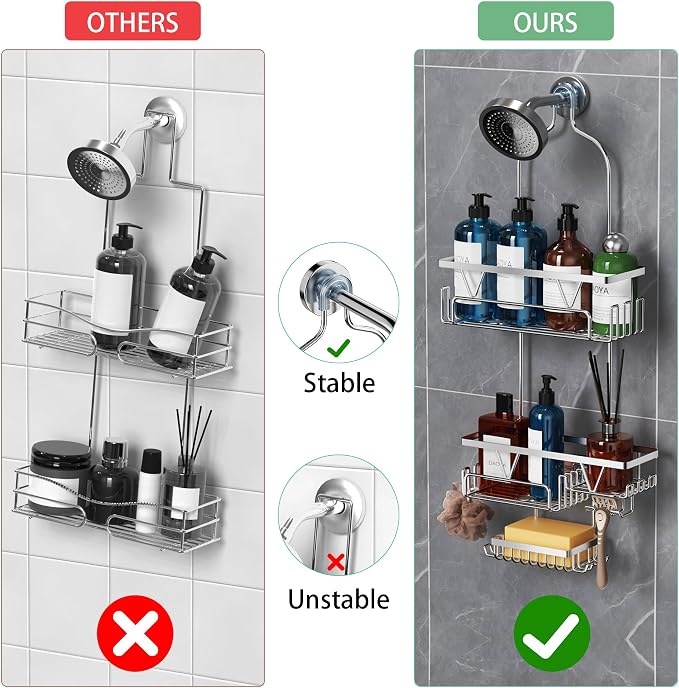 DAOYA Shower Caddy Hanging - Over the Shower Head Caddy with 2 Baskets, Soap Holder & Razor Holder, Non-Slip Rubber Pads, U-Shaped Hooks and Adhesive Pads for Bathroom Organization - Silver