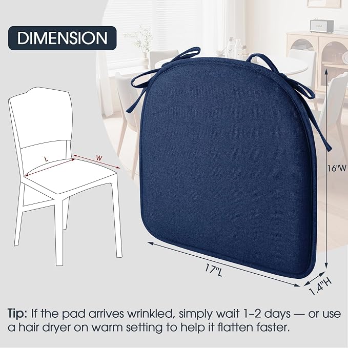 TushGuard Chair Cushions, 4 Pack Memory Foam Chair Pads, Seat Cushion, Kitchen Chair Cushions Set of 4, Anti-Slip Backing & Fixed Straps, Navy Blue
