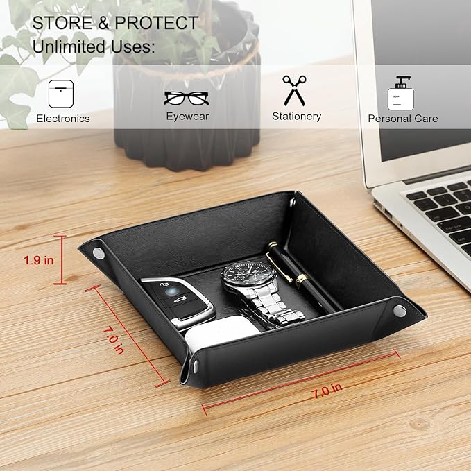 SITHON Valet Tray Desktop Storage Organizer - Multi-Use PU Leather Catchall Tray Bedside Nightstand Caddy Dice Holder for Keys, Phone, Wallet, Coin, Jewelry, Traveling and More, Black