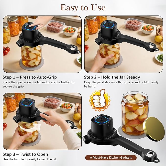 Electric Jar Opener for Seniors with Auto-Adjusting Gripper, Rechargeable Jar & Bottle Openers for Weak Hands and Arthritis, Easy Twist Off Lid Opener with Rubber Gripper Pad, Fits 1"-3.5" Lids(Black)