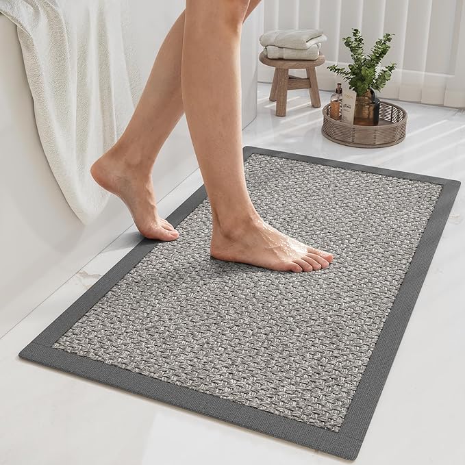 YDKGL Bath Mat Bathroom Rugs Non Slip Washable, Soft Jute-Like Ultra Thin Bath Mats, Rubber Backing Super Absorbent Quick Dry Thin Bath Rug Shower Mat Fit Under Door Bathroom Tub Floor, Gray 20" x 32"