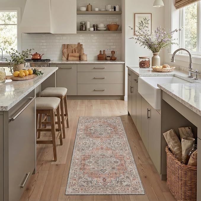 GENIMO Kitchen Rug Sets of 2, Non-Slip Washable Low-Pile Kitchen Mats for Floor, Waterproof Kitchen Runner Rug, for Hallway, Laundry, Sink, Entryway, Bathroom, 20"x32"+20"x48", Taupe Red
