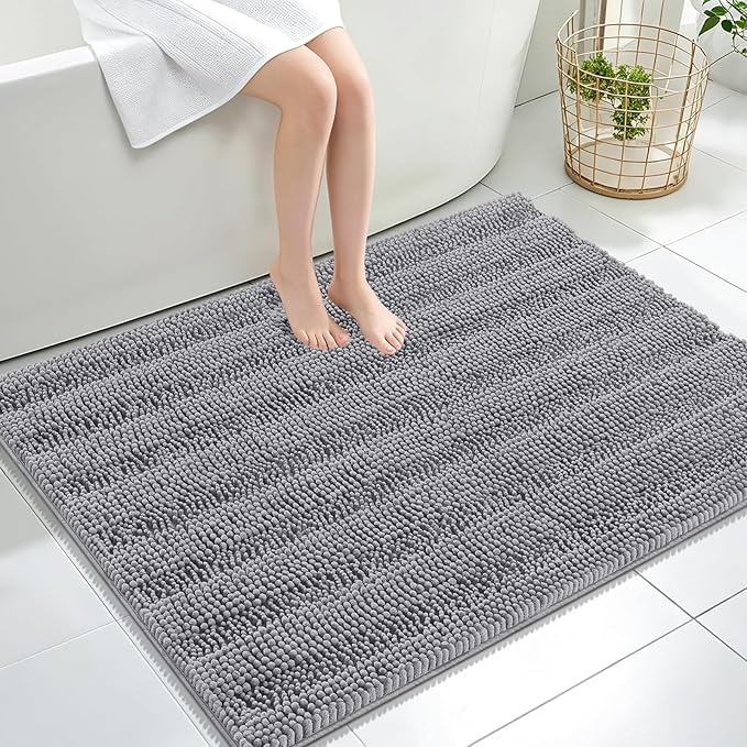 OLANLY Thick Large Bathroom Rugs 40x32, Extra Soft Absorbent Chenille Striped Bath Rugs, Rubber Backing, Machine Wash Dry, Bath Mats for Bathroom Floor, Tub and Shower, Home Decor Accessories, Grey