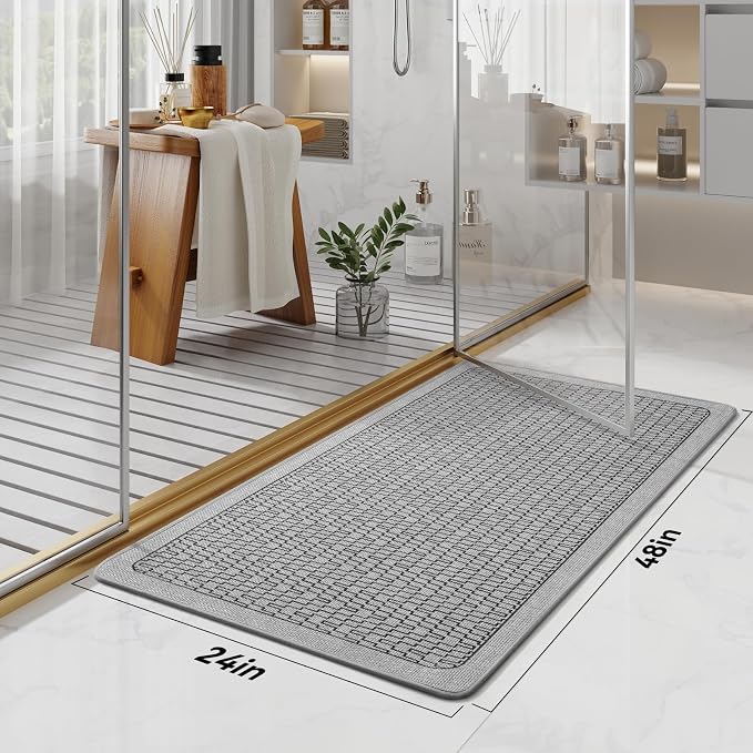 YDKGL Extra Large Bath Mat, Thin Bathroom Runner Rug Bathroom Rugs Non Slip Washable, Rubber Backing Quick Dry for Floor, Tub and Shower, Grey 24x48