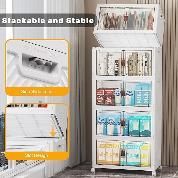 UAMFURI Stackable Storage Bins with Lids, 260QT Closet Organizers and Storage with Doors and Wheels, Extra Large Storage Cabinet, Collapsible Plastic Drawers for Bedroom Dorm Office Garage