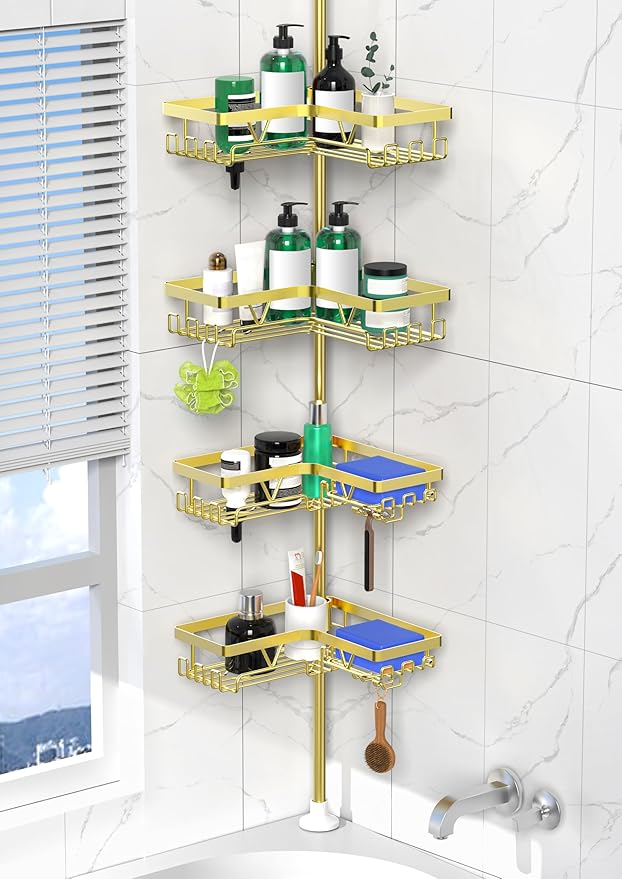 DAOYA Shower Caddy Tension Pole - Gold Corner Shower Caddy Stainless Steel Bathroom Shower Organizer for Tub Tension Rod Corner Shower Shelves(25-114inch)