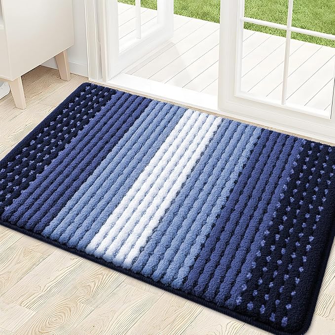 Kitinjoy Indoor Outdoor Door Mat, 32x20 Non-Slip Absorbent Dirt Trapper, Low-Profile Washable Inside Entrance Front Floor Mat, Sturdy Soft Entry Dotted Ombre Doormats for Entryway, Navy Blue