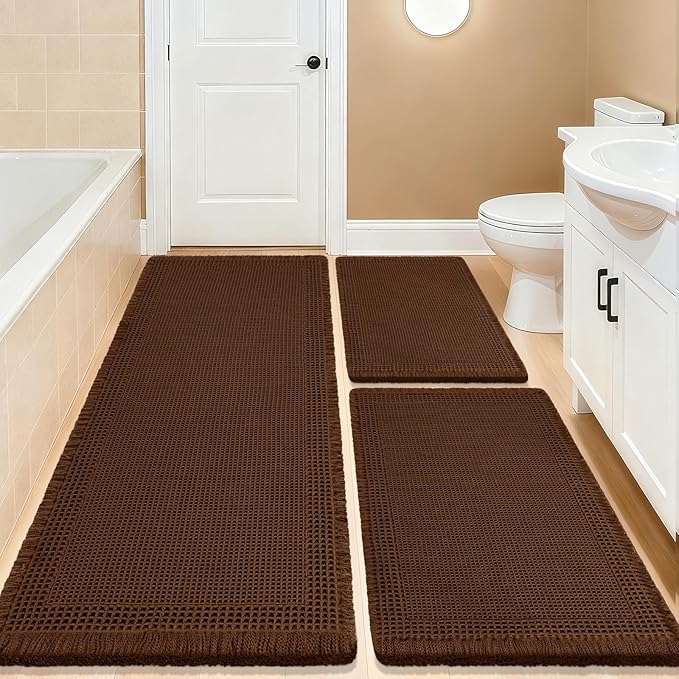 IM HOME Waffle Bath Mat Set 3 Piece, Boho Woven Modern Bath Rug Absorbent Non Slip, Soft Bathroom Mats, Machine Washable Knit Bath Rugs with Border for Bathroom, Bedroom, Kitchen, Shower, Tub, Brown