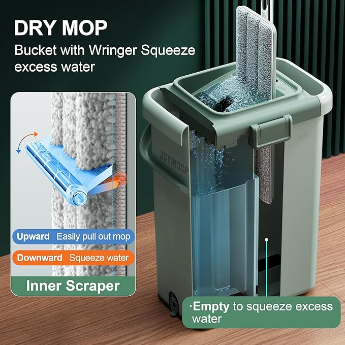 JOYMOOP Flat Mop System, Microfiber Mop and Bucket Set, Green, Commercial & Household Floor Cleaning Mop with Long Handle, Includes 3 Reusable 15" Pads