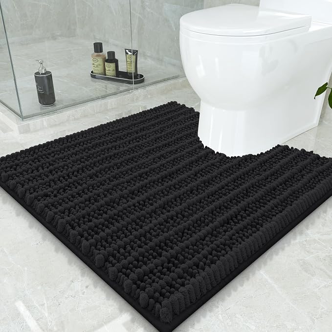 Smiry Bathroom Toilet Rugs U Shaped 24x24, Extra Soft Absorbent Non Slip Rubber Backing Chenille Contour Bath Rugs for Toilet, Machine Washable Contoured Bath Mats, Black
