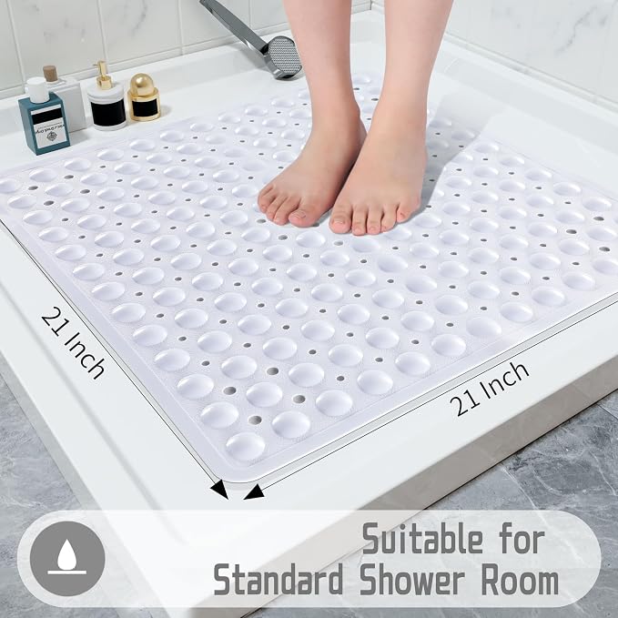 Yimobra Shower Mat 21X21 Inch Square, Non Slip Bathtub Mat with Large Suction Cups&Drain Holes, Soft Fast Dry Shower Stall Mats for Inside Shower, Machine Washable BPA-Free, Bath Essentials, White