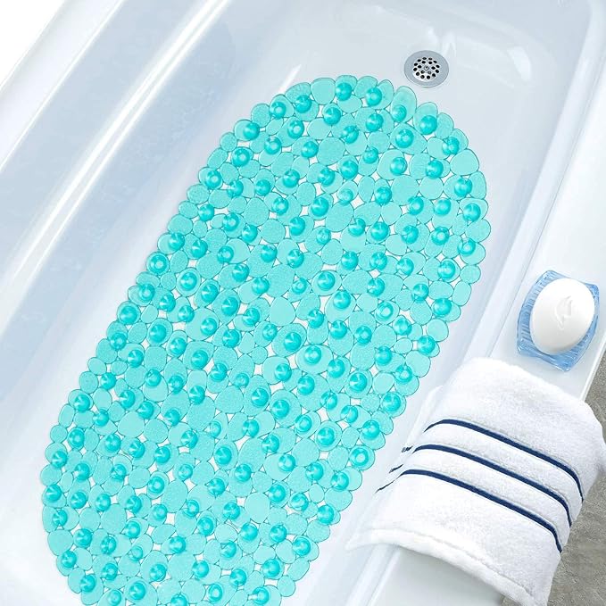 WELTRXE Pebbles Bath Mat Oval Non-Slip Bathtub Mat with Suction Cups, Drain Holes for Bathroom Showers, Tub, Machine Washable, BPA, Latex Free Safe Shower Mats, 27 x 14 Inch, Teal