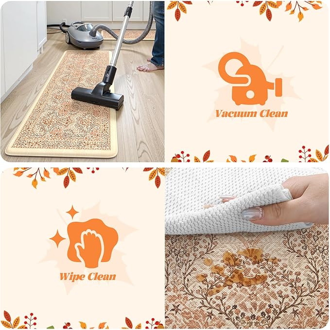 Collive Fall Kitchen Mats Cushioned Anti Fatigue, Vintage Floral Kitchens Rugs Set of 2 Brick Red Non Slip Floor Carpet, Waterproof Sink Mat Foam Comfort Standing Rug for Home Decoration
