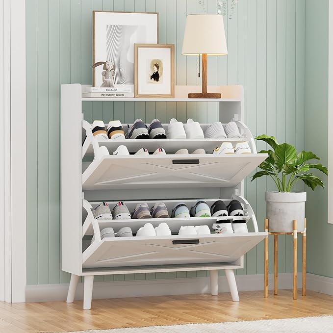 Homleke 32" W Farmhouse Shoe Storage Cabinet with 2 Flip Drawers and Barn Door Design, Adjustable Shelves, Modern Hidden Slim Narrow Shoe Rack Cabinet for Entryway, Foyer, Hallway, Living Room, White