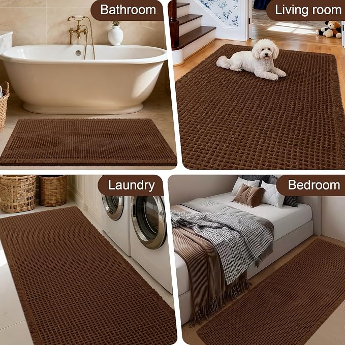 Extra Large Waffle Bath Mat, Boho Woven Modern Bath Rug Absorbent Non Slip, Ultra Soft Bathroom Mats, Machine Washable Knit Bath Rugs with Tassels for Bathroom, Bedroom, Kitchen, Tub, 5'x2', Brown