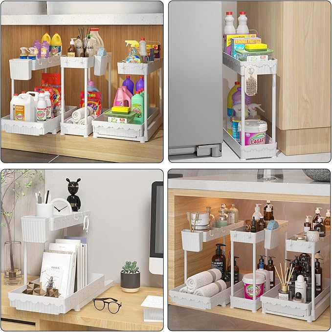 Sevenblue 3 Pack Multi-Purpose Pull-Out Storage Organizers, 2-Tier L-Shaped Under Sink/Cabinet Organizers and Storage for Bathroom & Kitchen,White,14.85 Inch