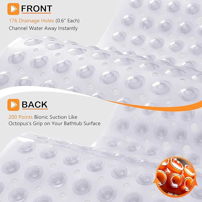 Yimobra Non Slip Bathtub Mat 40 x 16 Inch, Extra Long Shower Mat with Drain Holes, Machine Washable Baby Bath Mats, Strong Suction Cups for Bathroom Floor, Clear