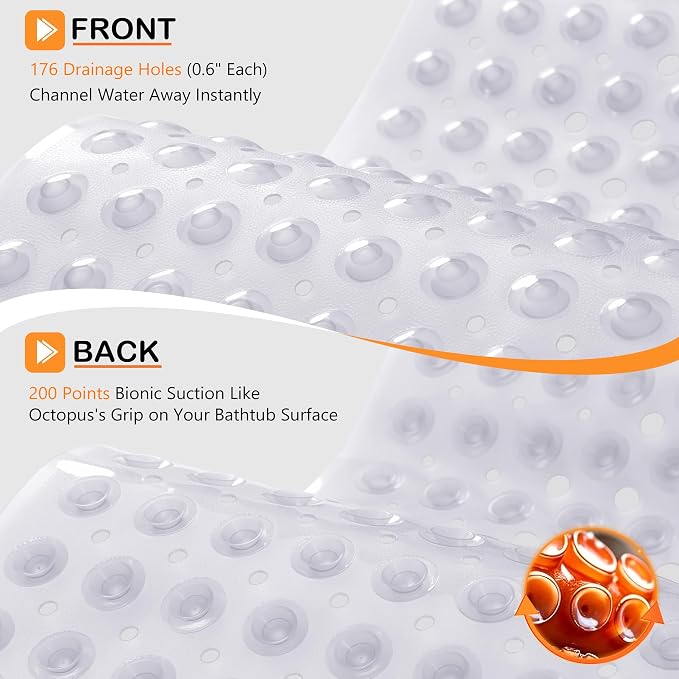 Yimobra 2-Pack Non Slip Bathtub Mat 40 x 16 Inch, Extra Long Shower Mat with Drain Holes, Machine Washable Baby Bath Mats, Strong Suction Cups for Bathroom Floor, Clear