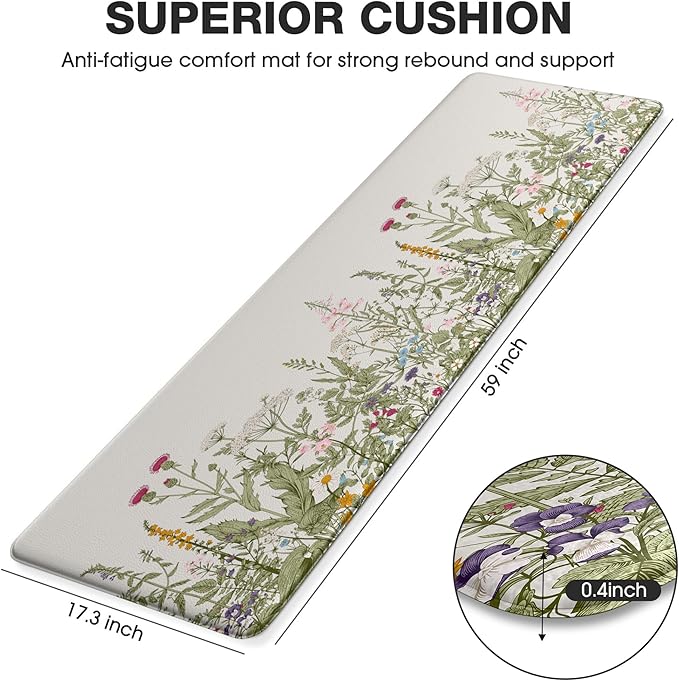 MAYHMYO Anti Fatigue Kitchen Mat Non Slip Waterproof Cushioned Floral Kitchen Rug for Standing Desk Sink Laundry