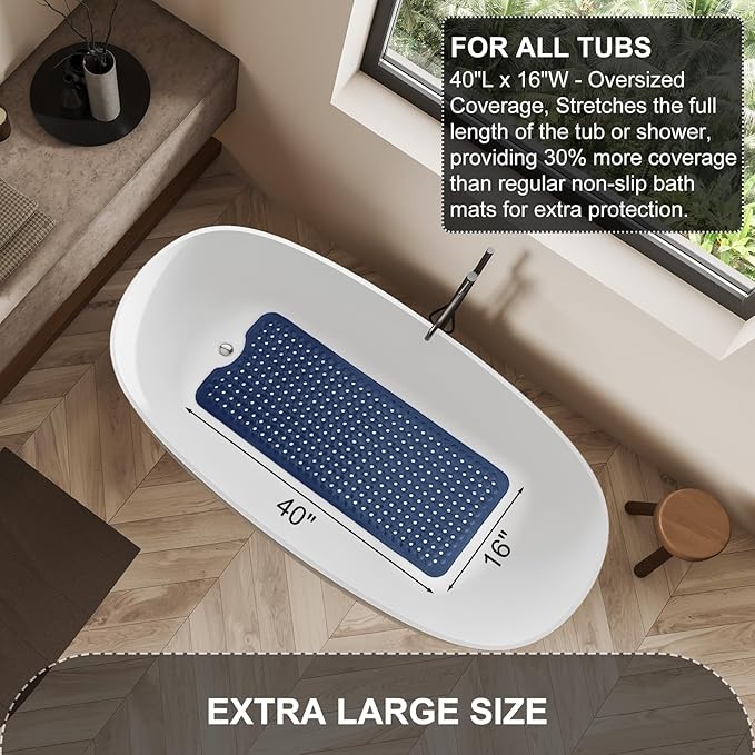 TEESHLY Bath Tub and Shower Mats, Non Slip 40 x 16 Inch Extra Large Bathtub Mat, Machine Washable Bathmat with Drain Holes, Suction Cups for Bathroom Floor, Navy Blue