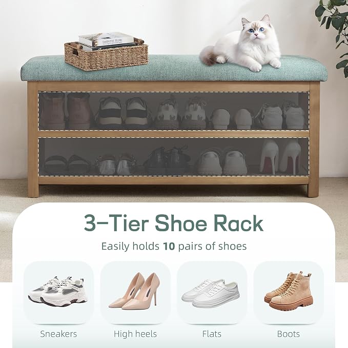 Zihanhome Shoe Rack Bench with Cushion, 2 Tier Solid Wood Storage Bench, Mid-Century Modern Shoe Bench for Entryway, Hallway, Closet, Front Door Entrance, Foyer (Teal, 46.5")