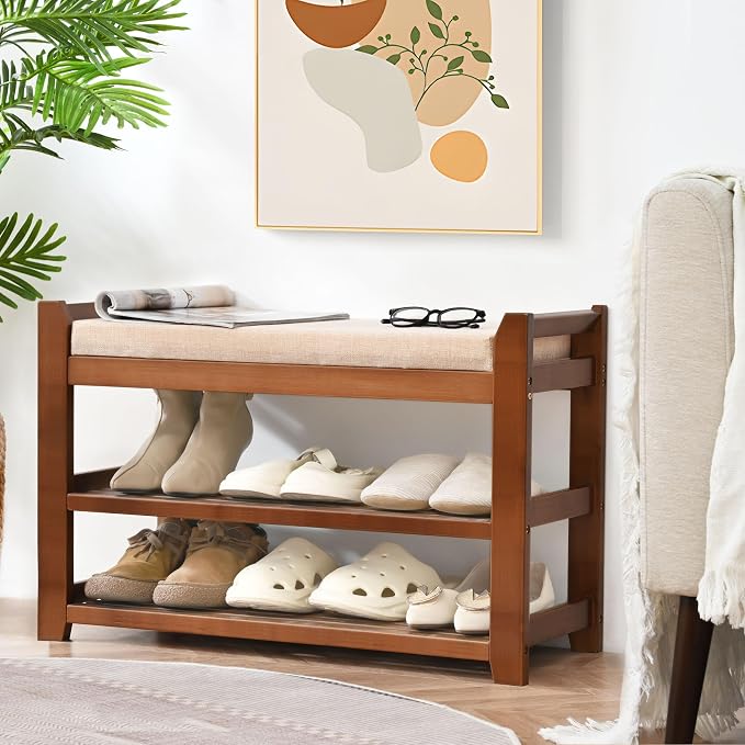 PETKABOO Shoe Rack Bench with Cushion, Shoe Rack for Front Door Entrance, Shoe Bench with Storage for Entryway Hallway Bedroom Living Room