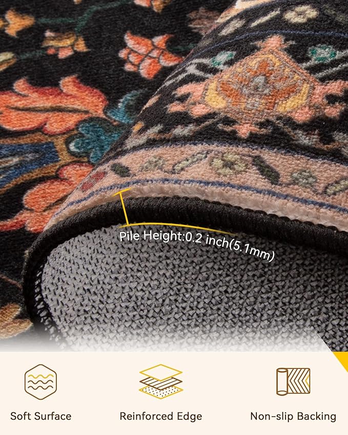 RELEANY Area Rugs Runner 2'x5' Washable Non-Slip, Floral Vintage Distress Medallion Carpet for Kitchen Hallway Bedroom Beside Laundry Room Bathroom, Black Colorful Floral Dark Tan