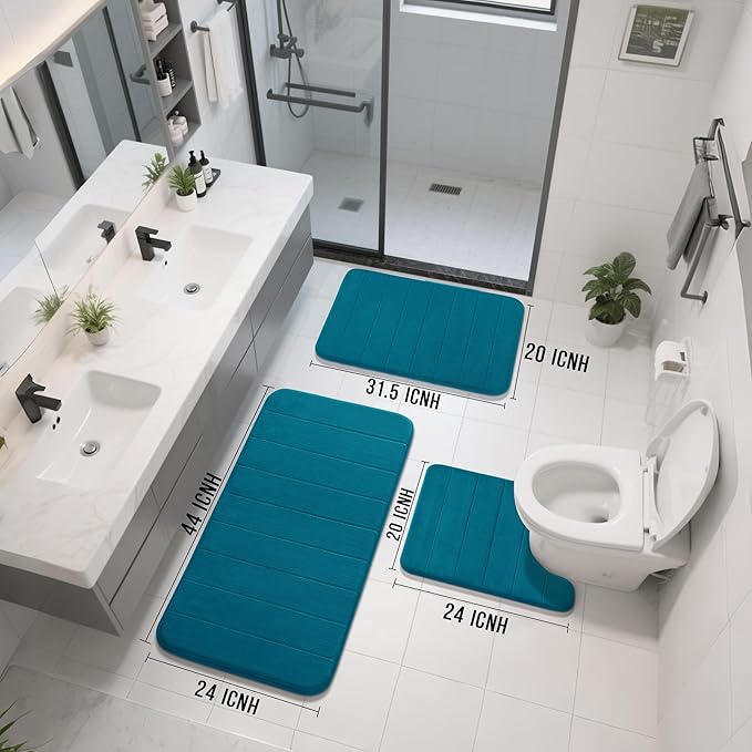 Yimobra 3 Pieces Memory Foam Bath Mat Set with U-Shaped Toilet Rug - Non Slip Super Soft Absorbent Quick Dry Bathroom Rugs for Bathtub, Vanity & Toilet Base, Peacock Blue