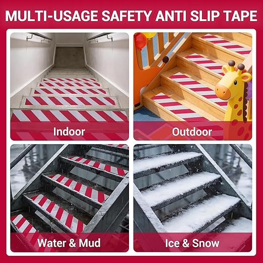 Anti Slip Tape, 2 Inch x 62 Ft Grip Tape for Stairs Outdoor/Indoor, Waterproof Non Skid Roll for Stair Treads Non Slip, High Traction Friction Abrasive Adhesive Stair Steps, Caution Red/White