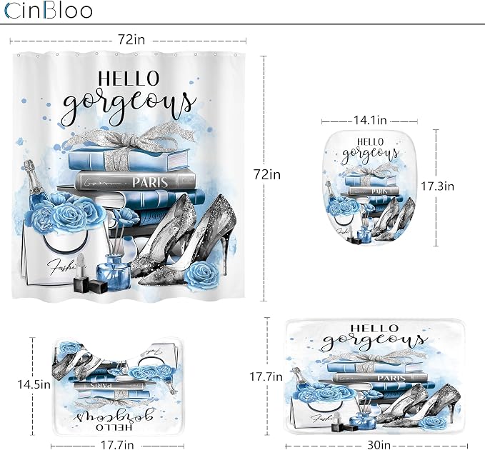 4Pcs Girly Blue Shower Curtain Set, Silver Grey Fashion Women Bathroom Curtain with Rug, Toilet Lid Cover, Bath Mat, Flower Perfume Black White Striped High Heels Shower Curtain with 12 Hooks