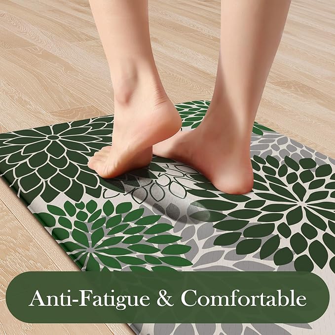 Anti Fatigue Kitchen Mat 2PCS,Boho Dahlia Floral Kitchen Rugs Non Slip Rubber Backing,Waterproof Farmhouse Kitchen Mat for Floor,Cushioned Standing Mat Christmas Decor for Laundry,Sink,Desk,Green