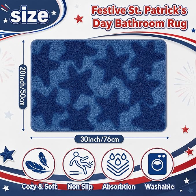 Capoda 1 Pcs Patriotic Bathroom Rug 20 x 30 Inch 4th of July Star Bath Mat Non-Slip Soft Microfiber 4th of July Shower Rug for Independence Day Home Kitchen Bathroom Entrance Decor(Star, Blue)