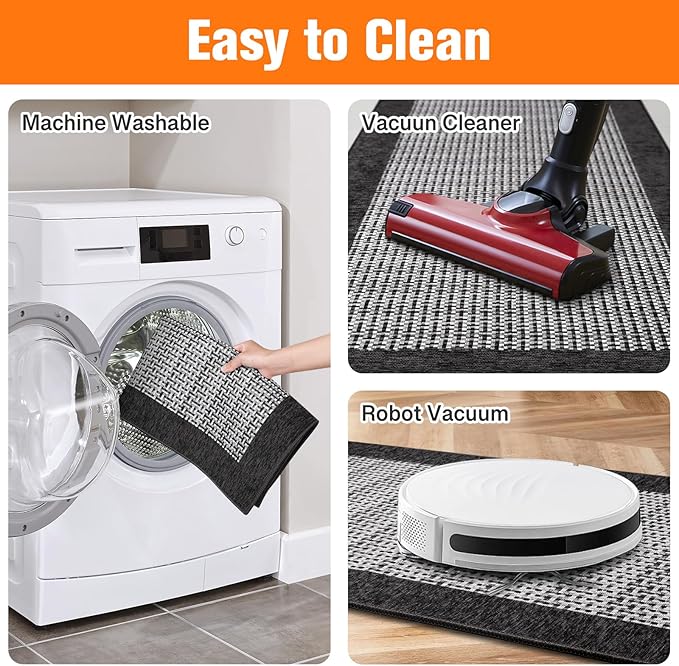 StepRite Kitchen Mats for Floor, Non-Slip Kitchen Rugs Set of 2 PCS, Super Absorbent Washable Kitchen Mats with Rubber Backing, Runner Mats for Front of Sink (20"x32"+20"x72" Black)