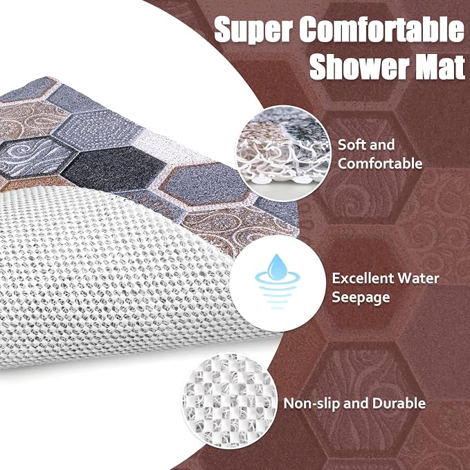 Shower Mat Non-Slip, 24x16 Inch Soft Comfort Bath Mat with Drainage Holes, PVC Loofah Massage Bathmat for Shower,Tub,Bathroom,Wet Areas, Quick Drying