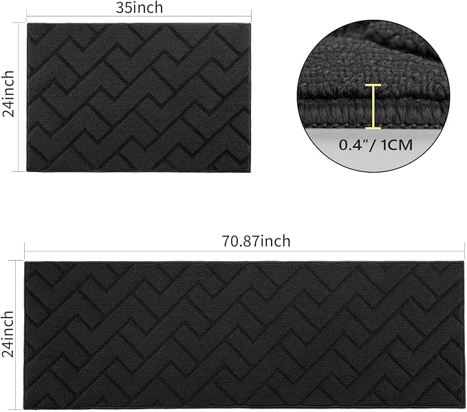 hicorfe Kitchen Runner Rugs and Mats Sets,2 Pieces Absorbent Non-Slip Kitchen Rug,Comfort Kitchen Mat for Floor,Washable for Kitchen,Hallway,Office,Sink,Laundry(24"x71"+24"x35",Black)