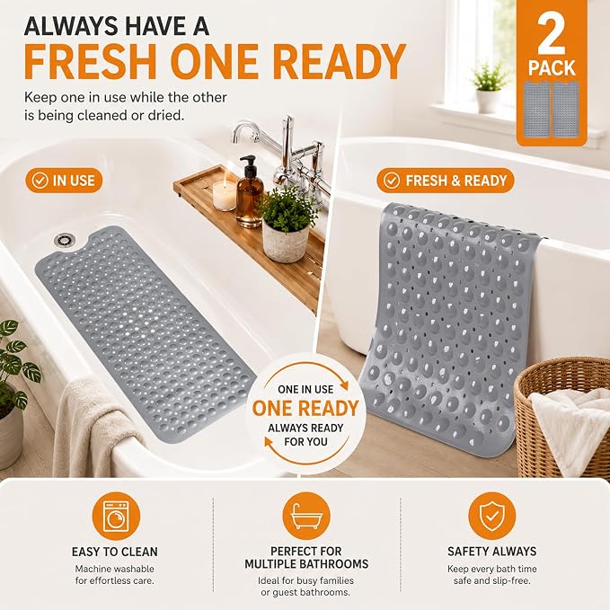 Yimobra 2-Pack Non Slip Bathtub Mat 40 x 16 Inch, Extra Long Shower Mat with Drain Holes, Machine Washable Baby Bath Mats, Strong Suction Cups for Bathroom Floor, Grey