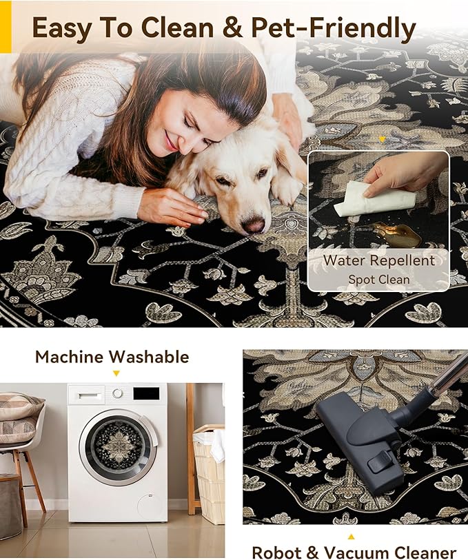 RELEANY Area Rugs Round 5ft Washable Non-Slip, Floral Vintage Distress Medallion Carpet for Living Room Bedroom Dining Room, Black Brown Neutral Dark Tan