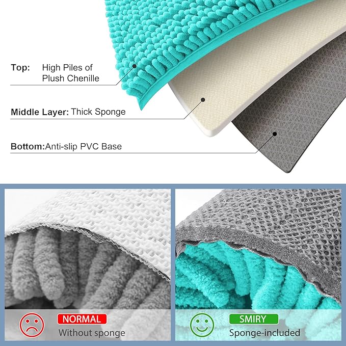 Smiry Luxury Chenille Bathroom Rugs 34x21, Extra Soft and Absorbent Shaggy Bath Mat, Machine Washable, Non-Slip Plush Carpet Runner for Tub, Shower, and Floor, Home Decor Accessories, Turquoise