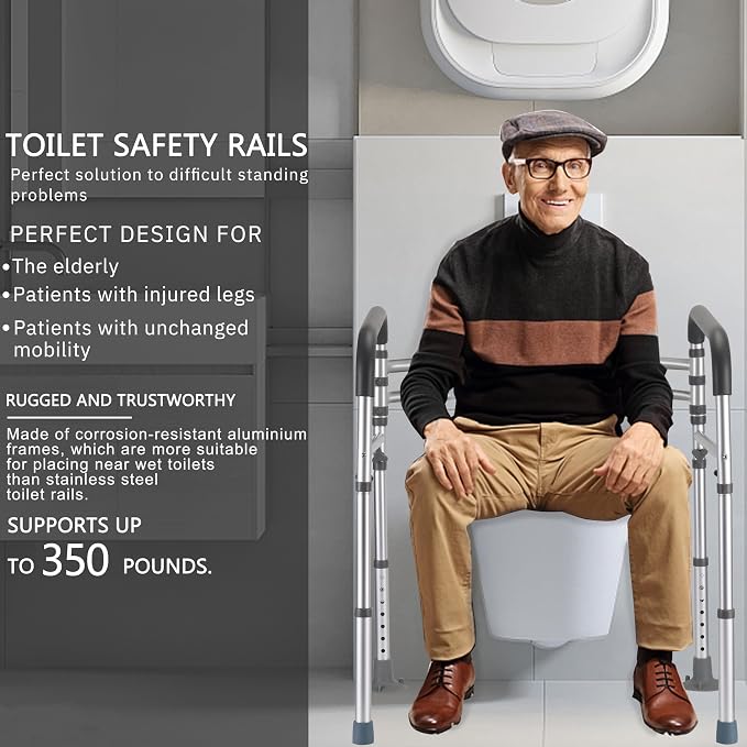 Lianjindun Toilet Safety Rails (350 lb), Adjustable Toilet Frame for Elderly, Seniors, Handicap & Disabled, Foldable Handicap Toilet Handles Fit Any Toilets (Gray)