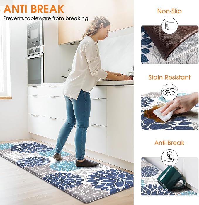 StepLively Kitchen Mats for Floor, Anti Fatigue Mats for Kitchen Floor, Kitchen Decor and Accessories Non Slip Washable Mats Set of 2 for Sink, Office, Laundry, 17.3"×30"+17.3"×59", Blue and White