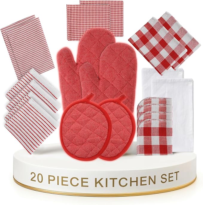 LANE LINEN Cotton Kitchen Towels and Dishcloths 20 Pack - Large Dish Towels Set for Holiday Hosting, Fast Drying Dish Rags, Flour Sack Towels, Versatile Scrubbers & Oven Mitts with Pot Holders - Red