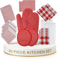 LANE LINEN Cotton Kitchen Towels and Dishcloths 20 Pack - Large Dish Towels Set for Holiday Hosting, Fast Drying Dish Rags, Flour Sack Towels, Versatile Scrubbers & Oven Mitts with Pot Holders - Red
